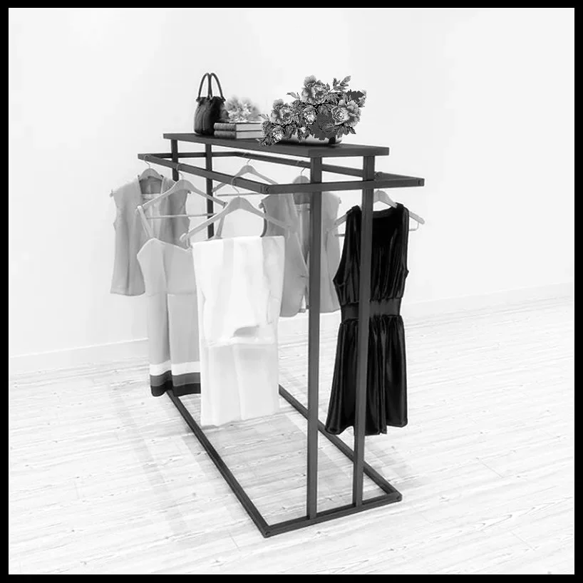 clothing store display rack,men's and women's clothing,double row middle shelf,parallel bar side hanging floor hanger