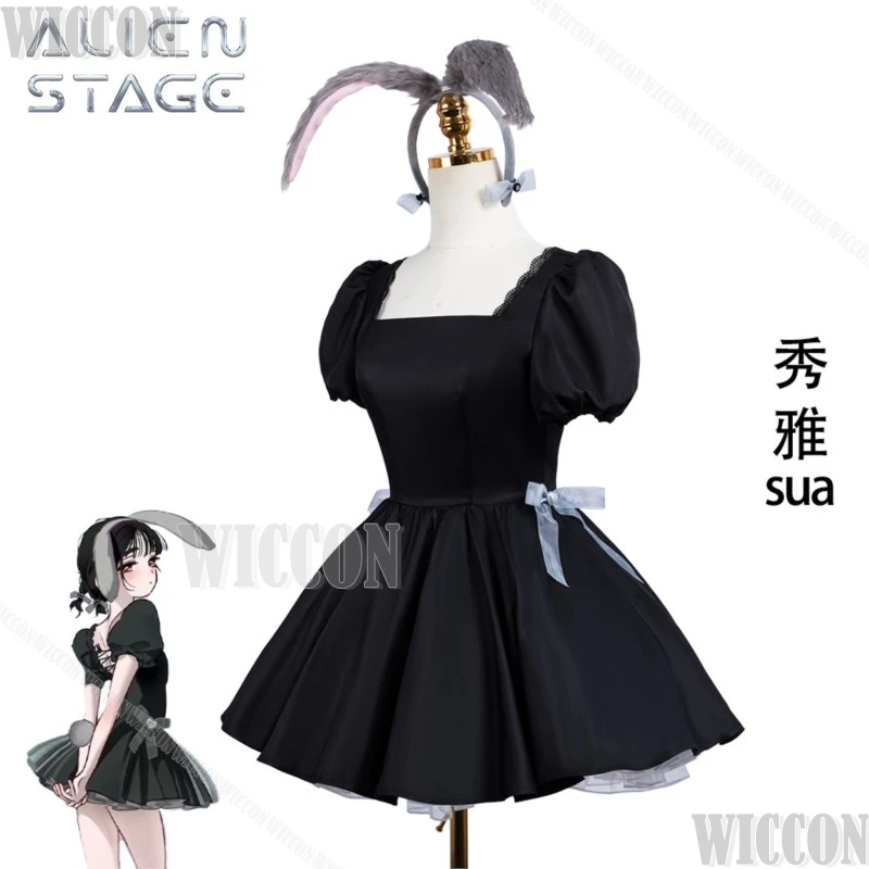 Sua Cafe Activity Ailien Stage Anime Cosplay Clothes فستان سهرة أسود آذان أرنب أغطية الرأس فتاة البدلة شعر مستعار هالوين كوميك كون