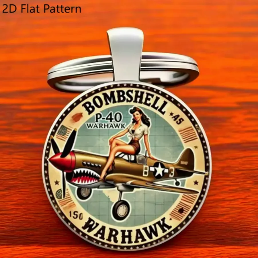 Chaveiro retrô de liga de zinco Warhawk P-40 - Design retrô de aviação com piloto feminino