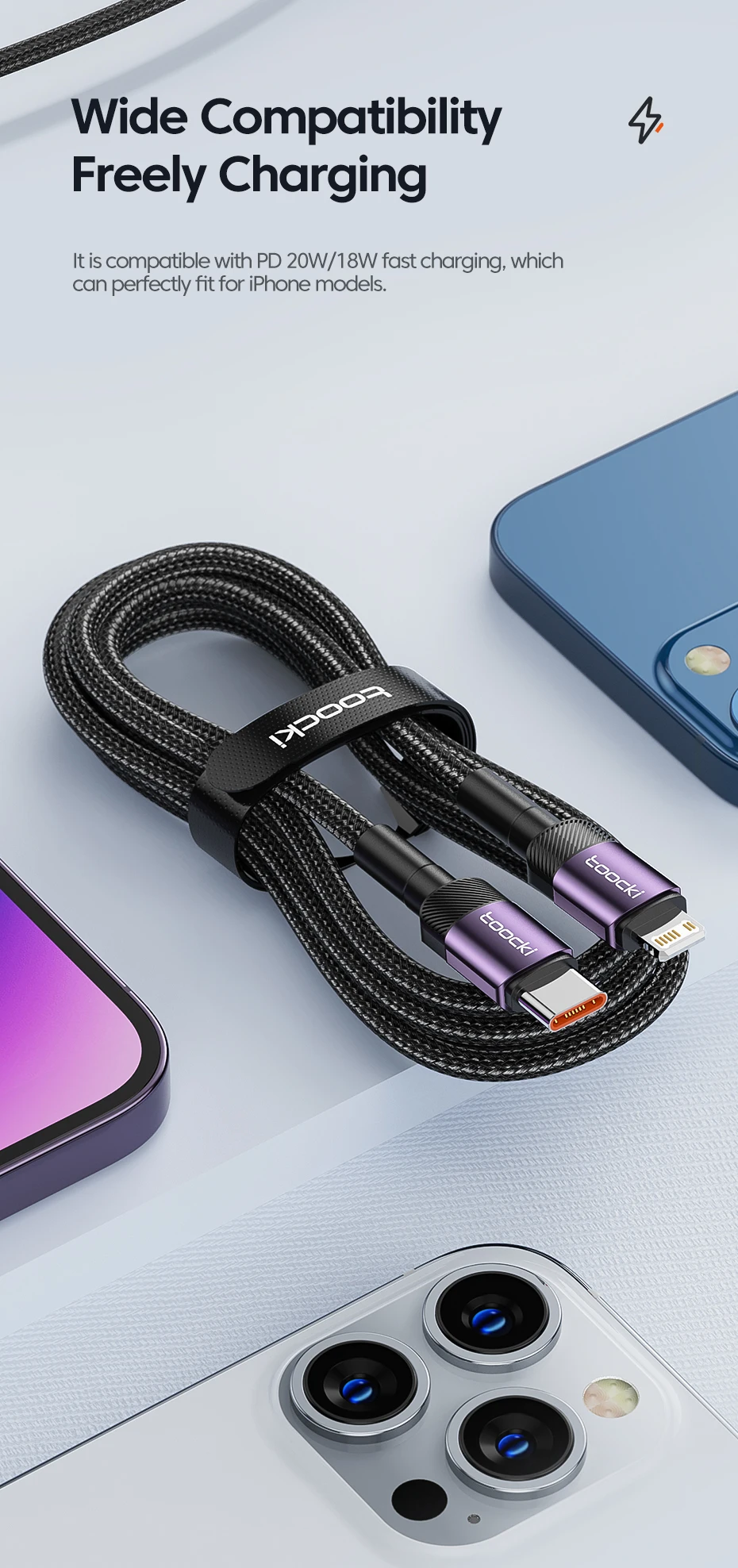 Toocki PD 27W Cable for iPhone 14 13 12 11 Pro Max 8 7 Plus Macbook 2.4A Fast Charging USB C to Lighting Cable Data Wire