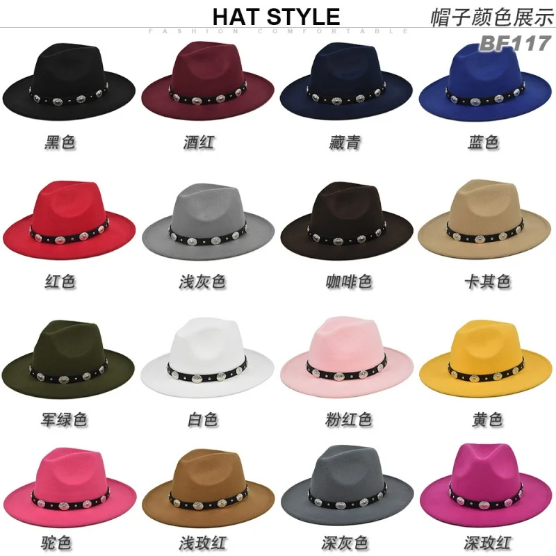 Amazon AliExpress European And American Ethnic Style Fedora Metal Accessories Woolen Vintage Black Top Hat