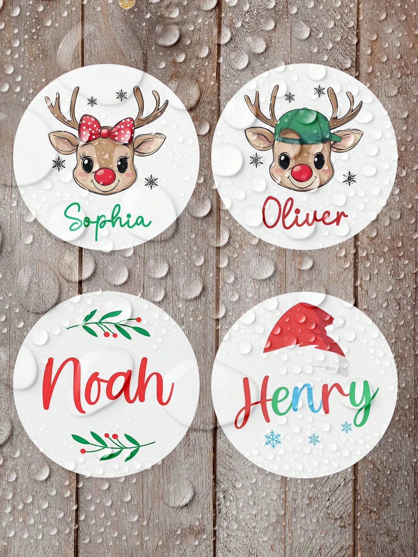 ملصق عيد الميلاد الشخصي 3-8 سم، ملصقات اسم عيد الميلاد المخصصة، ملصقات أسماء دائرية نصية مخصصة، علامات الأيائل المخصصة