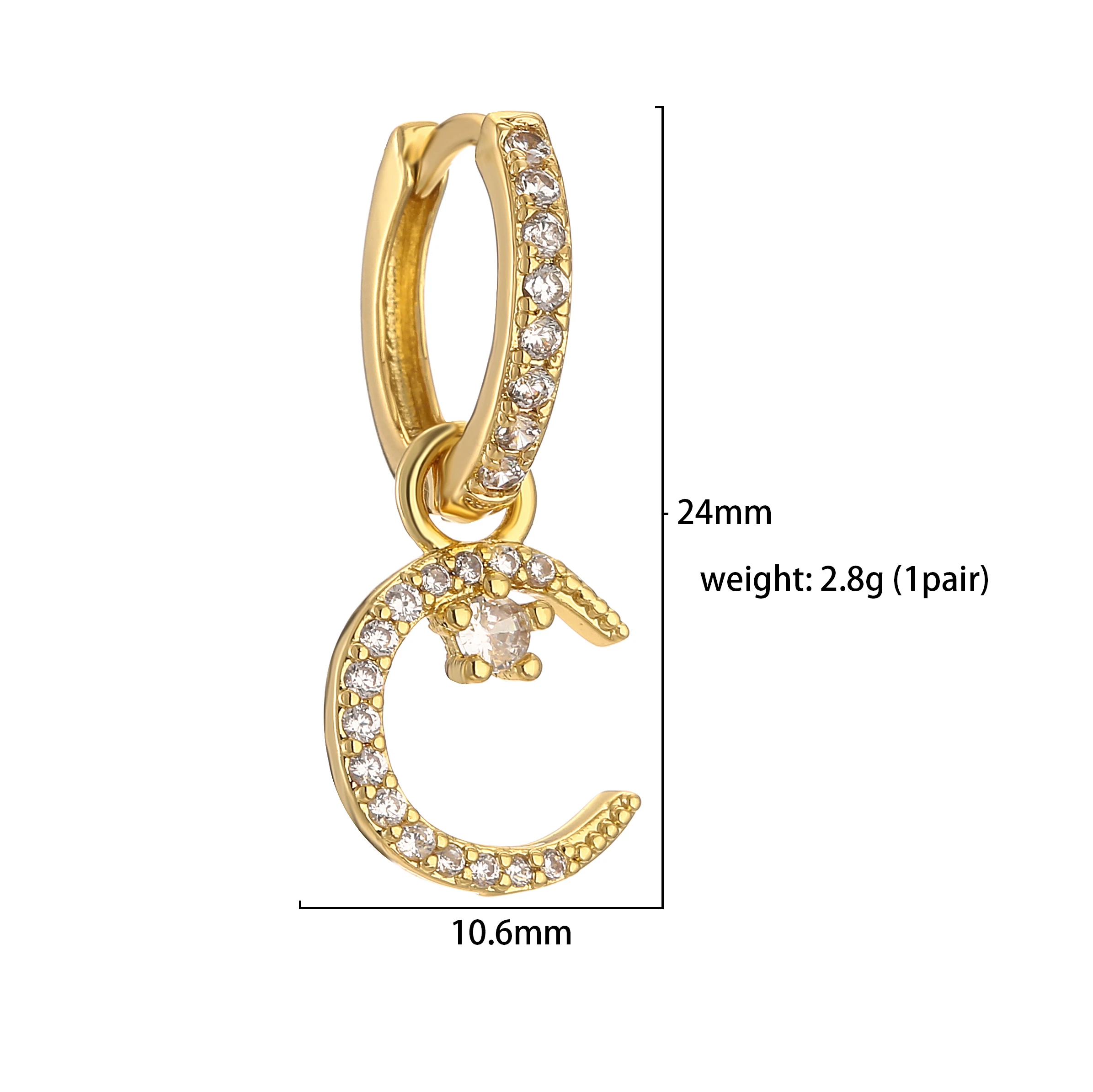 18K Gold Plated Brass New Design CZ Zircon Small Hoops Earrings for Women Lightning cross moon Huggie Fashion Jewelry