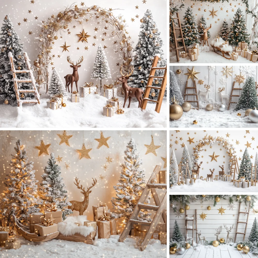 

White Christmas Gift Room Photography Background Shiny Gold Stars Decor Xmas Tree Backdrop Winter Kids Photo Studio