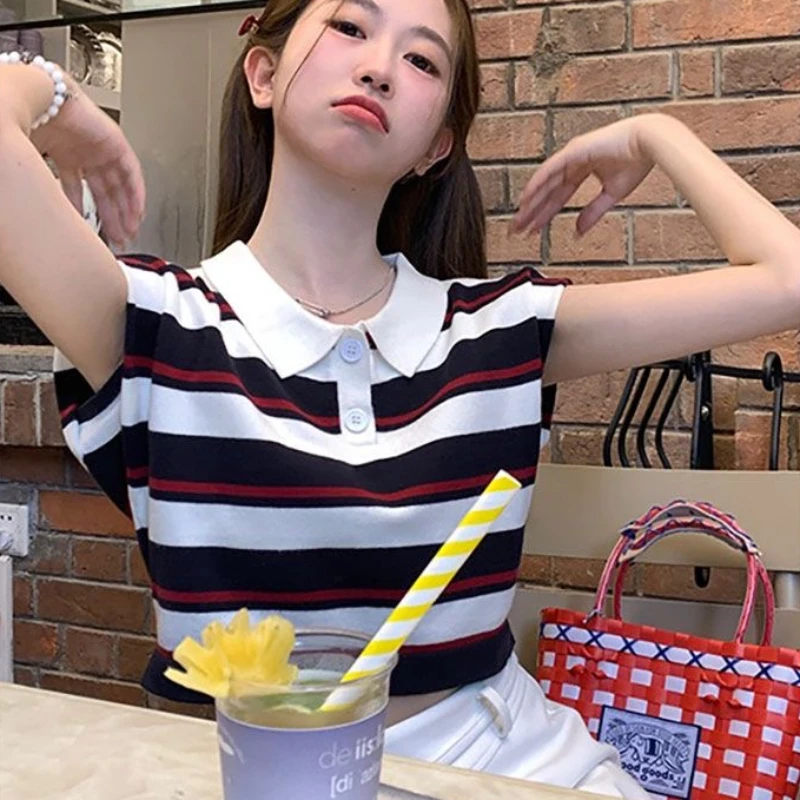 Striped Tanks Women Sleeveless Turn-down Collar Loose Spring Summer Cropped Advanced American Style Retro High Street Hotsweet