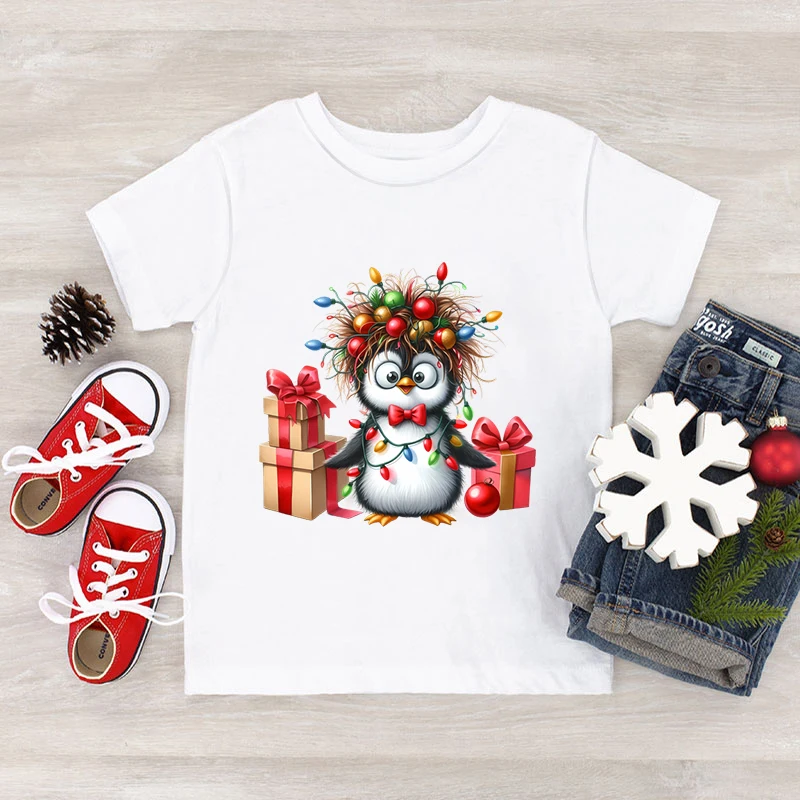 Short Sleeve Christmas Penguin Tops Tees Fashion Casual Crew Neck Kids T-shirts Funny Cartoon Penguin Xmas Tshirt for Boys Girls