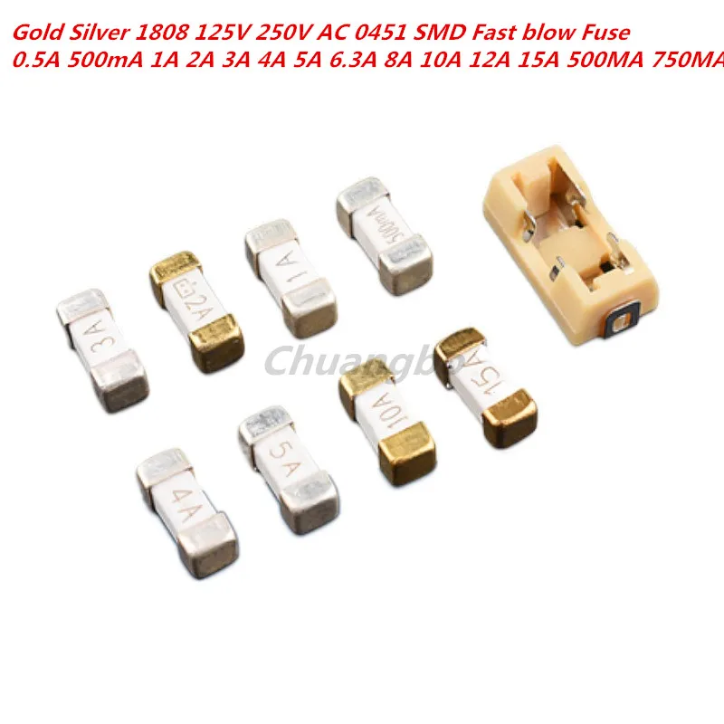 1808 Fuse Gold Silver 125V 250V AC 0451 SMD Fast blow 0.5A 500mA 1A 2A 3A 4A 5A 6.3A 8A 10A 12A 15A 500MA 750MA 2410 ultra-rapid