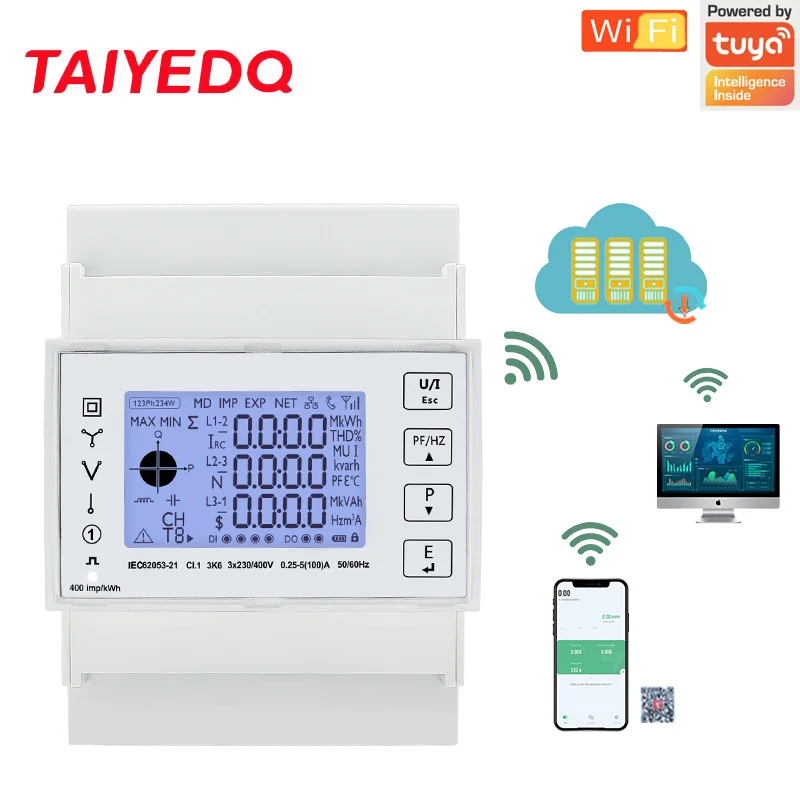 TAC4321 100A LCD Three Phase Din Rail Mutil-function Tuya Energy Meter Support WiFi Bi Directional RS485