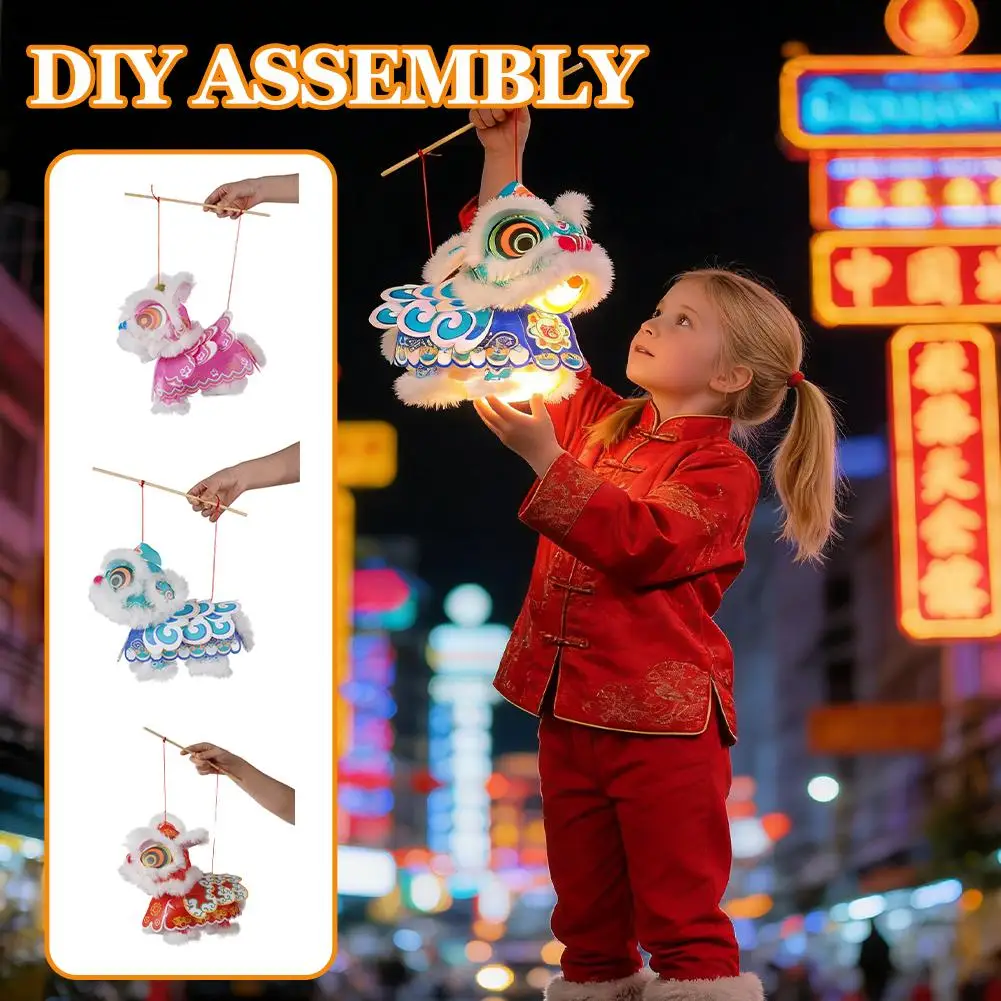Chinese New Year Lion Dance Lantern DIY Kit Interactive Moving Lion Head Flapping Wings LED Light Up Chinese Lantern Craft Set