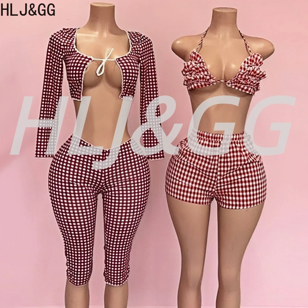 

HLJ&GG Red Plaid Fashion Hollow Lace Up Two Piece Sets Women Long Sleeve Slim Crop Top+Shorts Outfits Y2K Female 2pcs Streetwear
