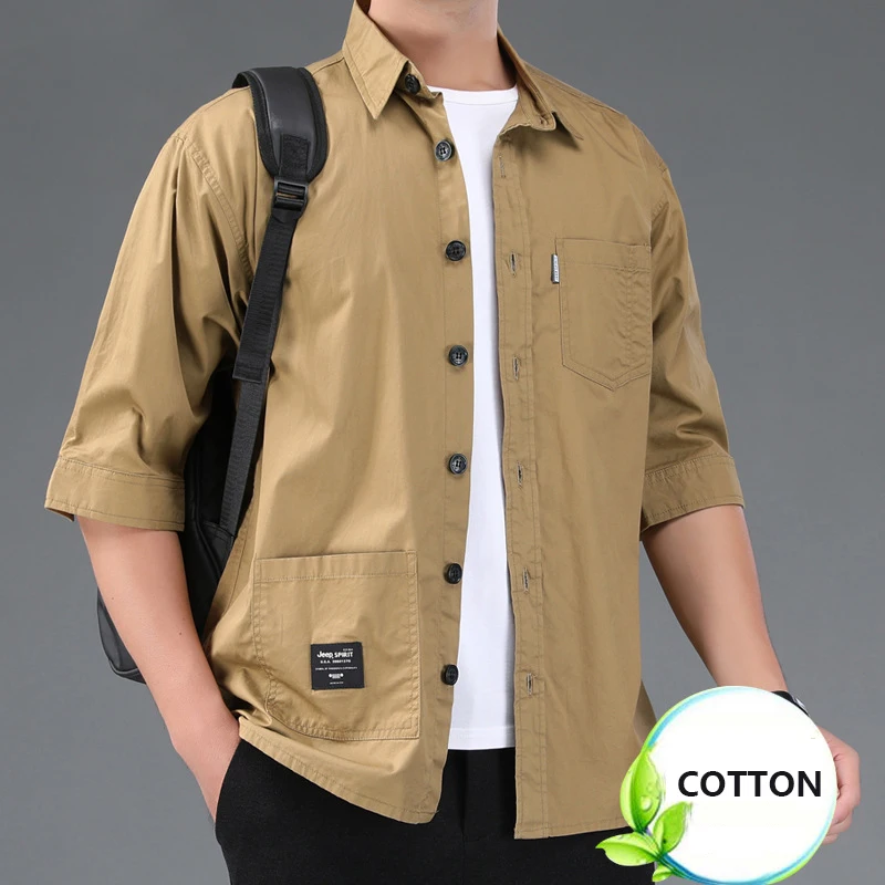 100% Cotton Summer Fashion Men\'s Casual Shirt Three Quarter Sleeve Multi Pocket Cargo Blouse Comfortable Thin Basical Daily Tops