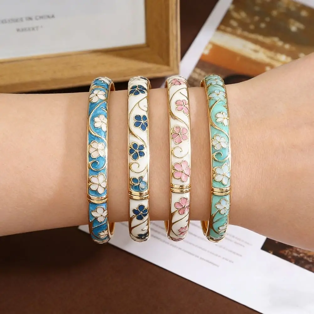 Vintage Colorful Enamel Floral Bangle Gold Plated Chinese Style Open Cuff Bracelet Handmade Gift Dainty Jewelry Women