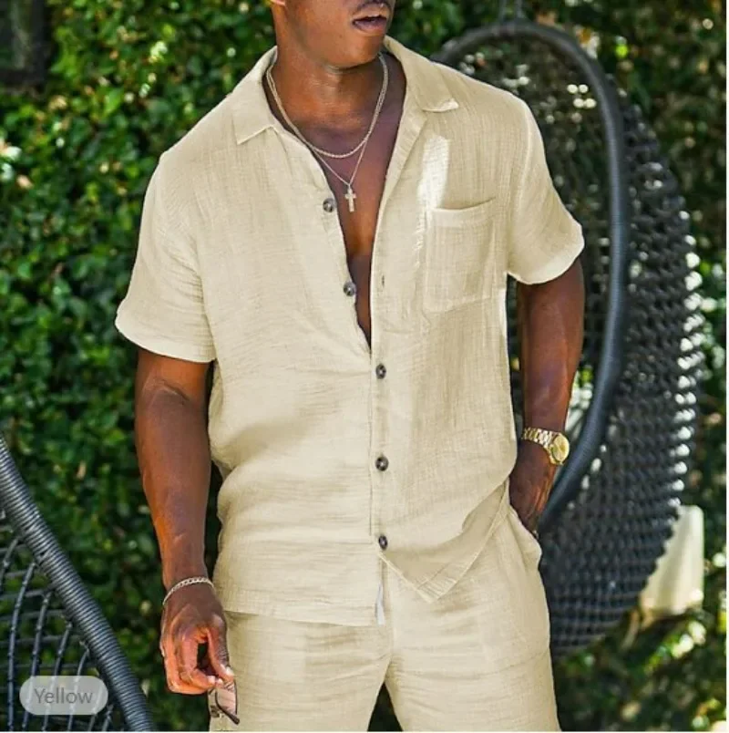 

Men Outfit Set 2023 Cotton Linen Two Piece Sets Men Casual Solid Short Sleeve Shirts and Shorts Beach Vacation Clothing