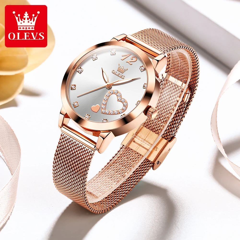 

OLEVS 5189 Quartz Watch Women Top Brand Luxury Elegant Rose Gold Loving Heart Design Watches Mesh Waterproof Wristwatch Gifts