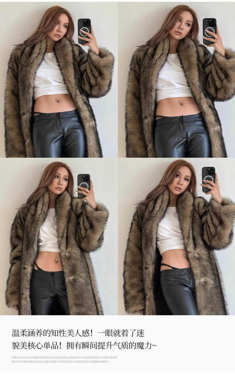 Vrouwen namaakbontjassen Y2k jassen kraagvorm lange open steek losse pasvorm dikke warme bont uitloper maxi herfst 2025, winter
