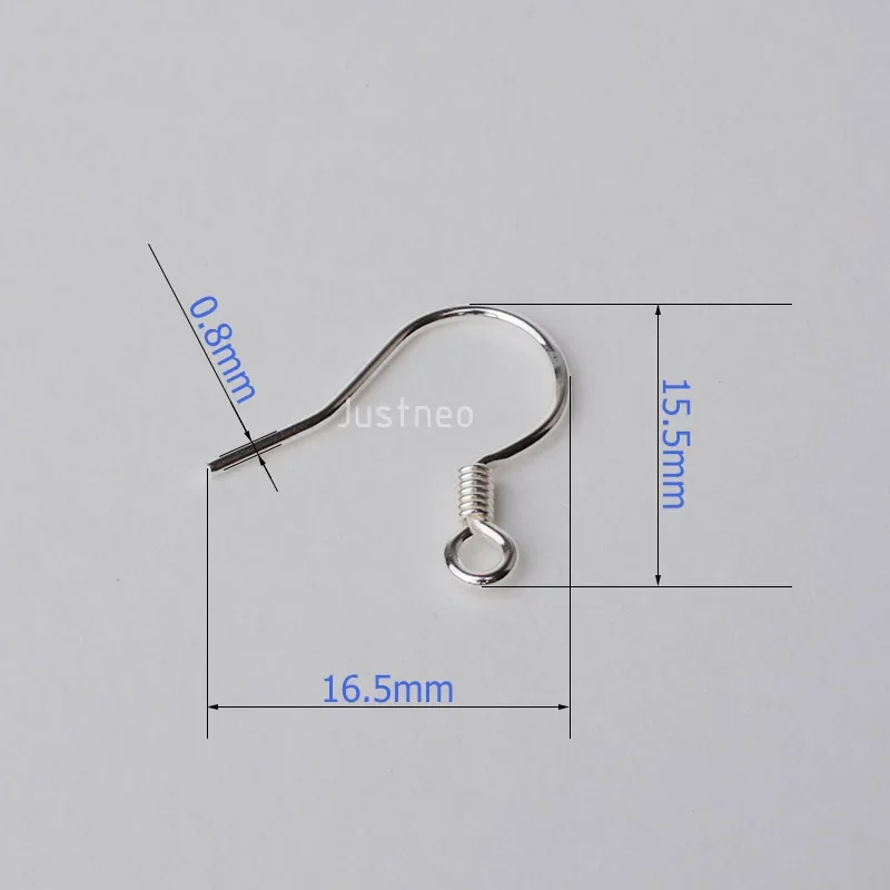 ear hook,0.8x15x16mm solid 925 sterling silver earring hooks with coil & open loop, sterling silver earring findings components