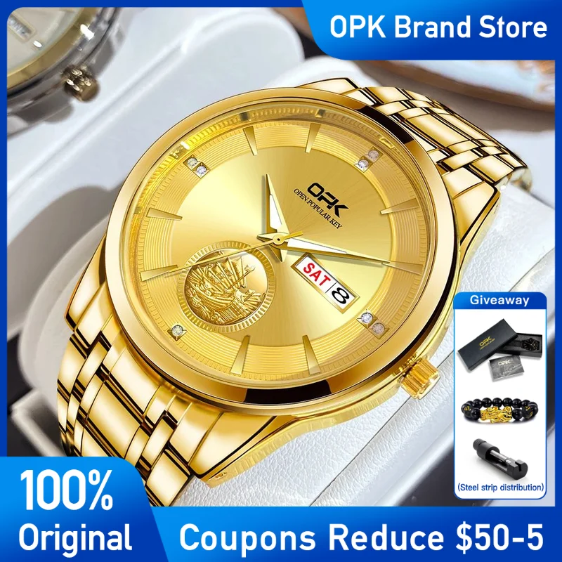 

OPK Mens Watch Golden Stainless Stee Men's Quartz Wristwatch Wristwatch Waterproof Luminous Dual Calendar Brand Reloj Hombre