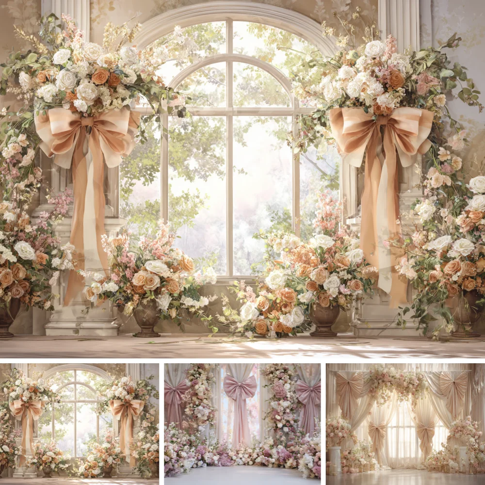 European style Palace Wedding Scene Backdrop Pink Flowers Bow Europe Wall Golden Window Girls Birthday Decor Photo Background