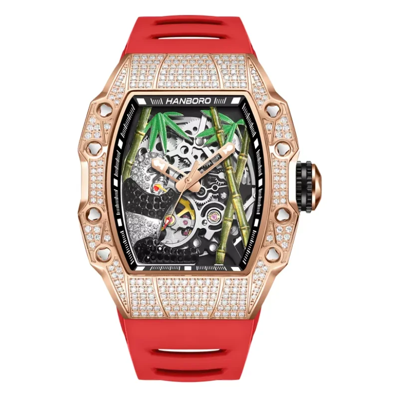 HANBORO Men Automatic Watch Tonneau Mechanical Wristwatch Luminous 50m Waterproof Skeleton Panda Dial Miyota Mov Crystal Bezel