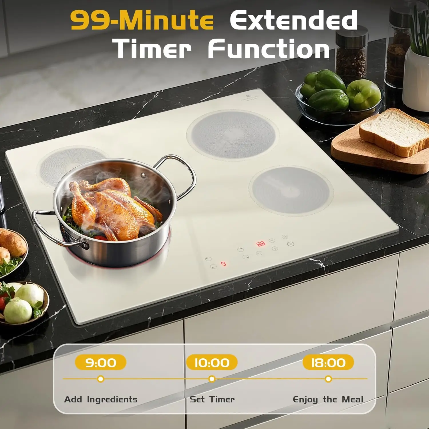 NOXTON เตาเซรามิคสีขาว 4 โซนเตาไฟฟ้า 60 ซม.Touch ควบคุมจับเวลาปลอดภัยล็อคลวดแข็งไม่มีปลั๊ก 220-240V