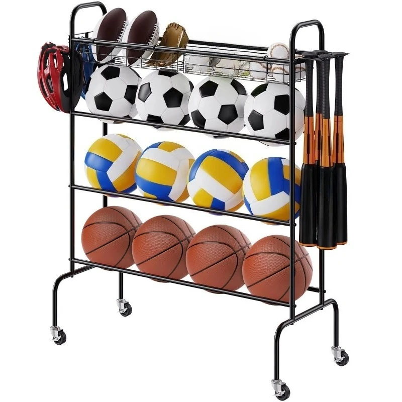 4-layer rolling basketball hoop, sports equipment storage, garage, ball hoop, football utility rack, hook basket