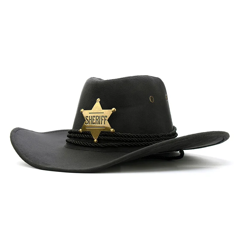 INS Unisex Women Men Imitation Suede Six Pointed Star Sheriff Wide Brim Sun Sunscreen Cap Beach Cowboy Cowgirl Western Hat