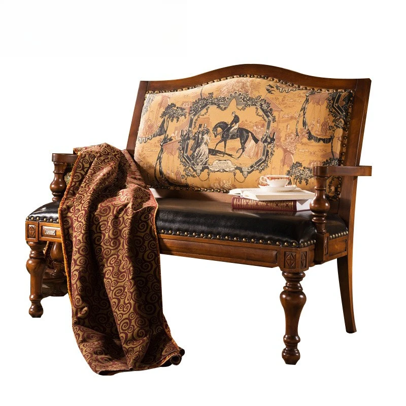

American country balcony leisure chair European retro bedside stool bedroom leather double sofa bench