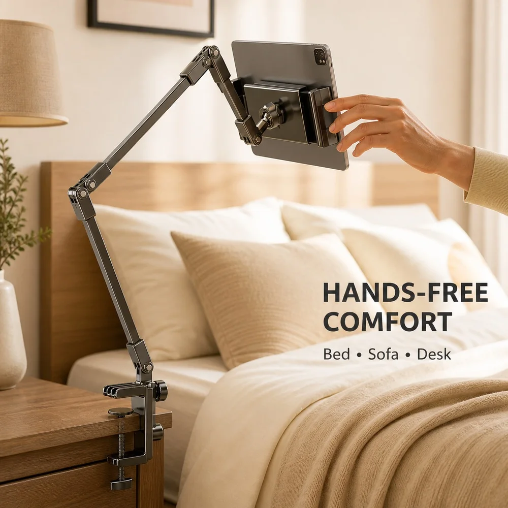 Foldable Pad Tablet Stand for Bed Desk 6-Axis Carbon Steel Articulating Arm 360° Holder for 4.7-12.9Inch Devices for ipad Tab