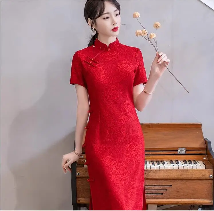 

Summer New Chinese Style Improved Qipao Red Lei Bride Dress