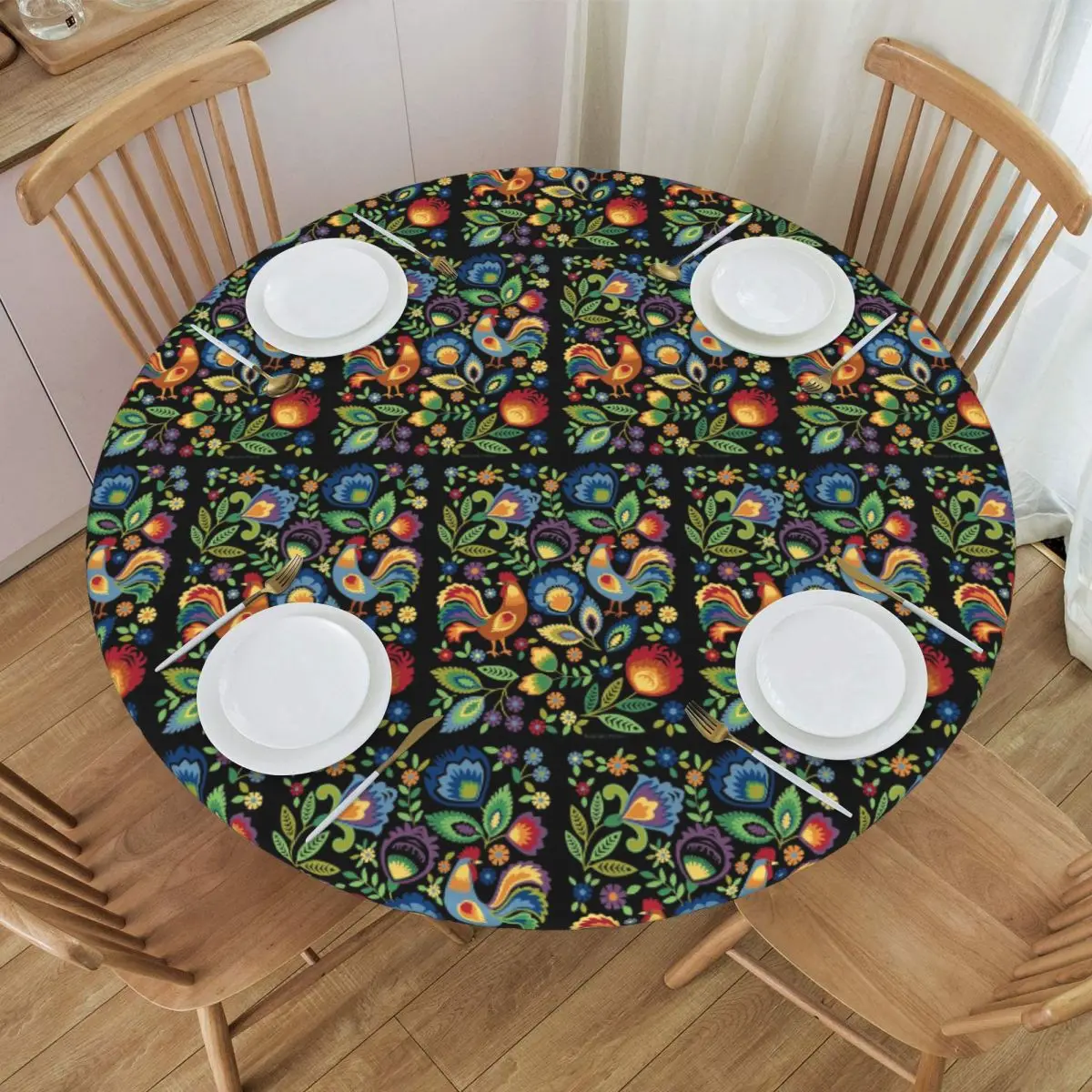 Polish Folk Roosters Waterproof Round Tablecloth Oilproof Table Cloth for Kitchen Events Dining Table Cover