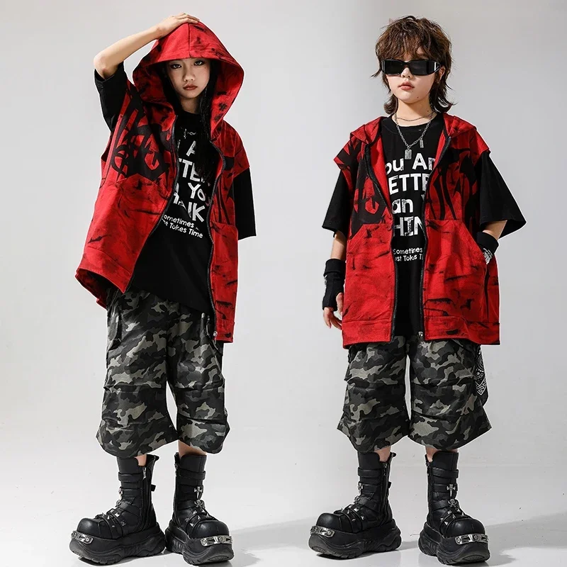

Boys Street Dance Outfit Jazz Performance Costume Black Oversize Tops Red Cool Hoodie Hip Hop Camouflage Shorts Streetwear