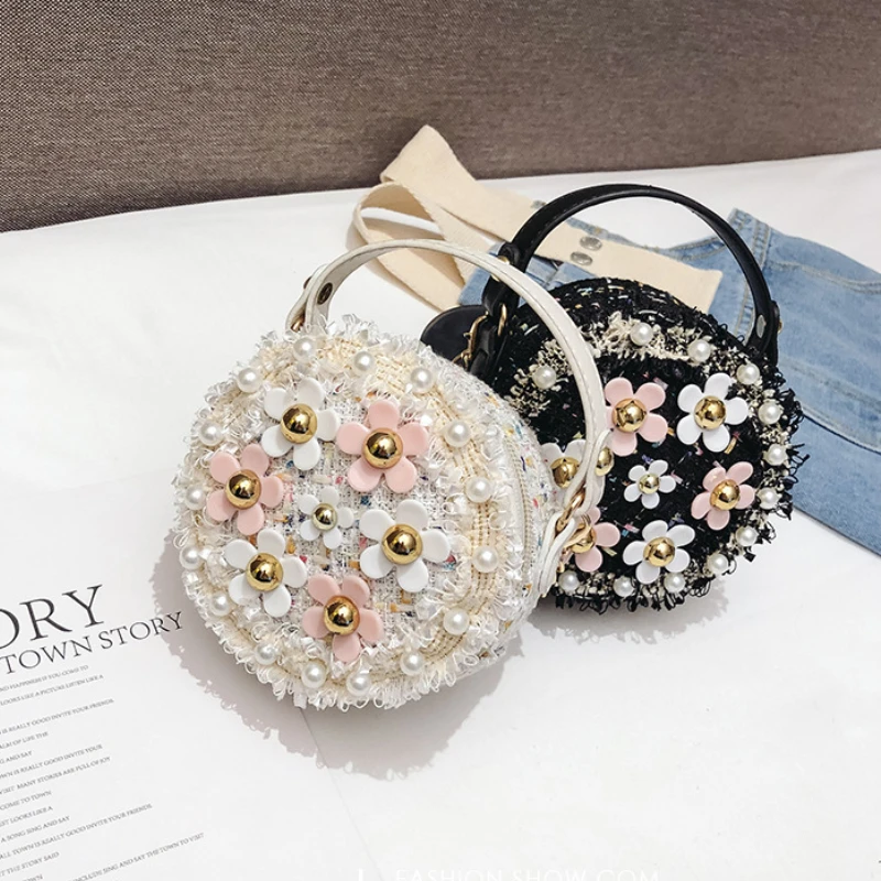 حقيبة كتف بطبعة زهرة اللؤلؤ متعددة الاستخدامات للأطفال ، حقائب كروس بودي ، أميرة ، تصميم لطيف ، حقيبة مدرسية ، محفظة عملات معدنية للأطفال ، حقائب يد للبنات ، كورية