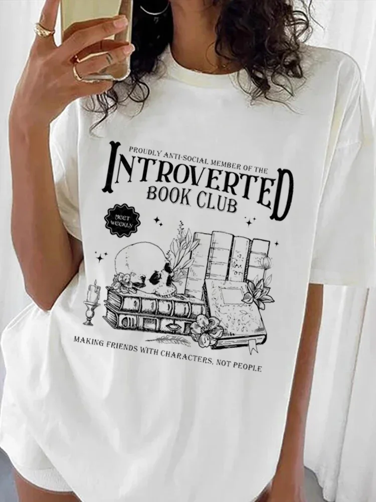 Introverted Book Club Retro Print Summer T-Shirt New Top Print Fun Versatile Short Sleeve O-Neck Basic Casual Print T-Shirt.