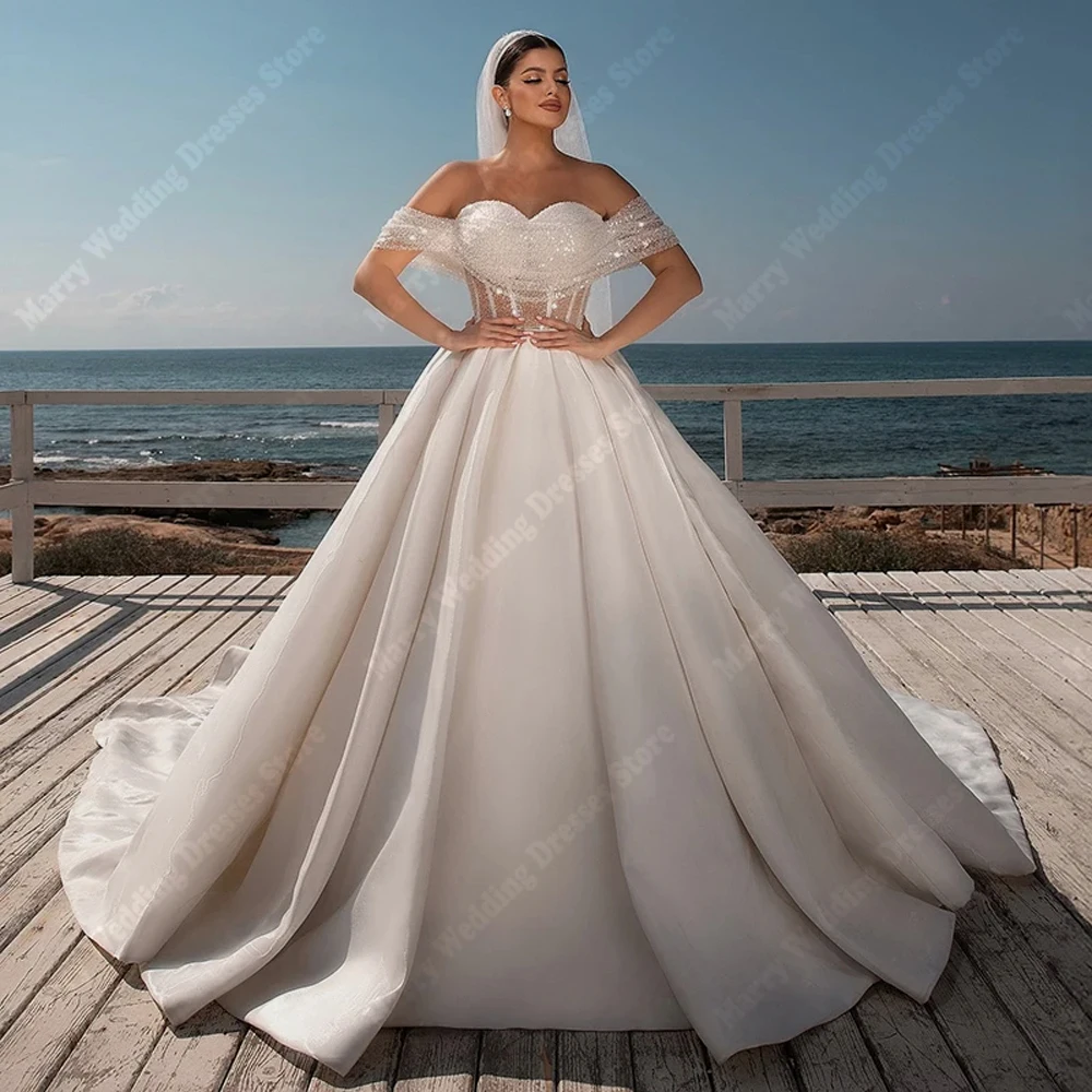 

Off Shoulder A-Line Women Wedding Dresses Sweetheart Collar Lace Appliques Backless Bridal Gowns Mopping length Robes De Mariée