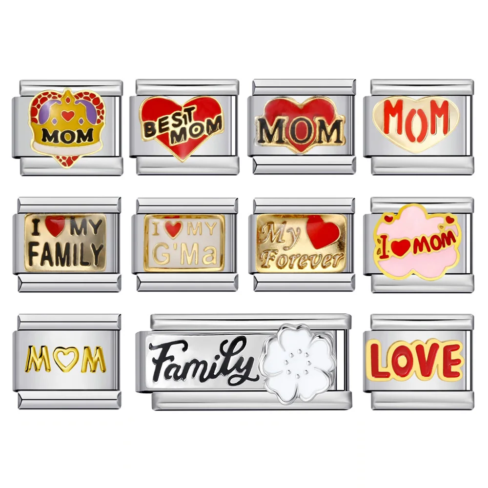 2025 New Unique Y2K Charms I Love MOM Mother's Day Bracelets Gifts Italian Stainless Steel Link Fit 9mm Beads DIY Jewelry Making