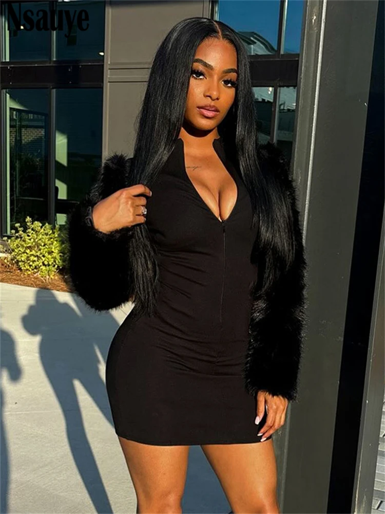 Nsauye Nepbont Lange Mouw Vrouwen Chic Zwart Bodycon Mini Mode Jurk Outfits Y2K Wrap Avondfeest Sexy Night Cub Jurk 2025