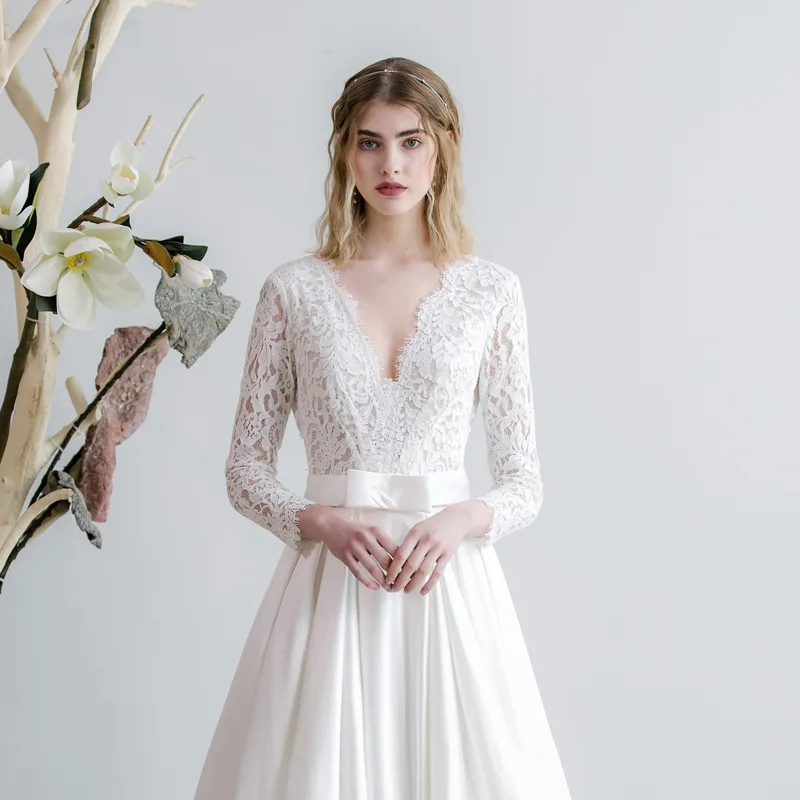 Robe de Mariée en Dentelle Blanche, Col en V, Élégante, Longue Tenue de Bal, de Soirée, Formelle, Éducative, pour Femme