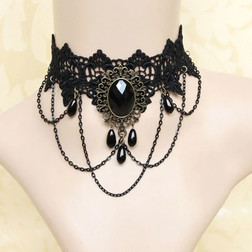 New  Gothic Chokers Crystal Black Lace Neck Choker Necklace Vintage Victorian Women Chocker Steampunk Jewelry New  Gothi