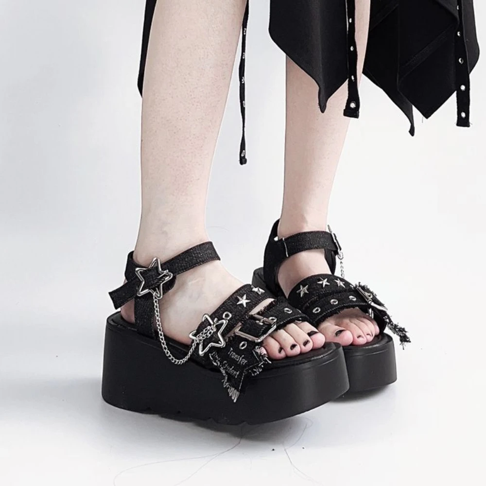 

Sandals Original Subculture Platform Slippers Denim Anti-Slip Heightening Heels Summer Black Chain Punk Fashion Women's Shoes