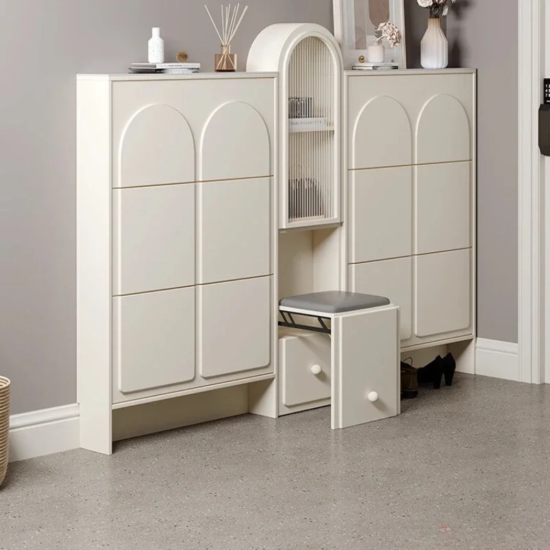 narrow household entrance entrance shoe cabinet with stool integrated luxury Cream wind ultra-thin tipping bucket shoe cabinet