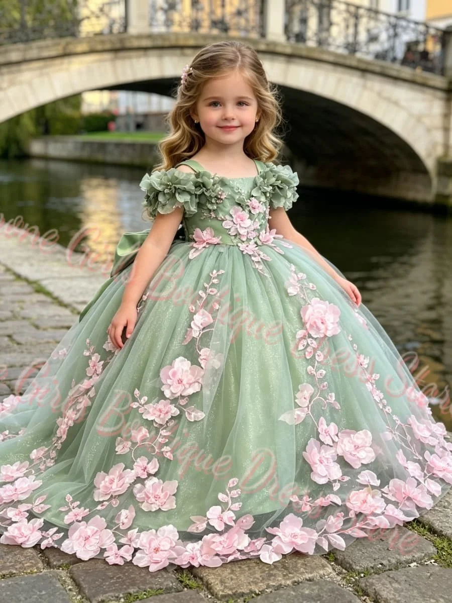 High Quality Luxury Floral Girls' Dress with 3D Appliqué Suitable for Children's Weddings Birthday Parties Pageants Prom Dress