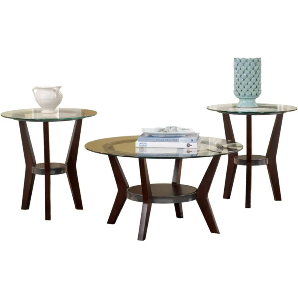 Fantell 3-Piece Table Set, Includes 1 Coffee Table and 2 End Tables with Glass Top and Fixed Shelf, Dark Brown