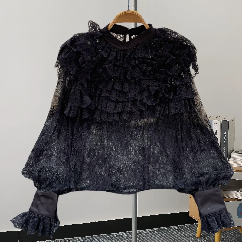 

2025,New,European,Clothes,Thin,Loose,Blouse,Fashion,Sexy,Lace,Hollow Out,Patchwork,Pullover,Women,Long Sleeve,Hot,Tops,412107