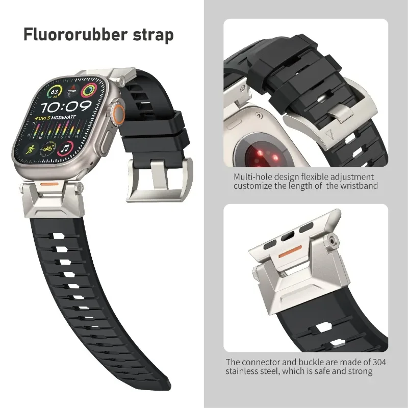 Fluorine Rubber Strap for Apple Watch Band Ultra 2 49mm 45mm 44mm 46mm Stainless steel interface Wristband iWatch 10 9 8 7 6 4