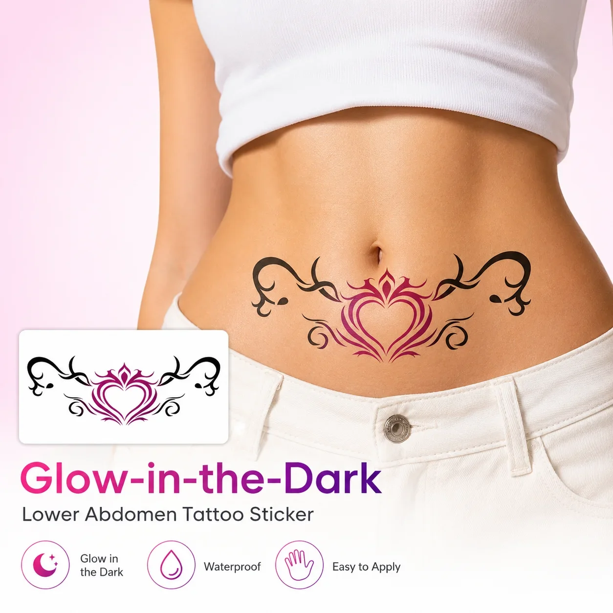 Disposable Tattoo Sticker Temporary Tattoo Glow in the Dark Tattoo Sticker, Curly Lotus Belly Design
