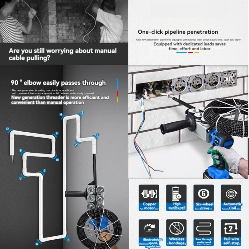 Automatic Pull Wire Stringing Machine Cable Push Puller Tools Wall Threading Machine Electric Communication Lead Machine