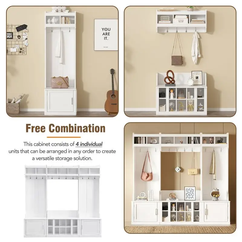 شجرة قاعة بتصميم واسع مع مساحة تخزين ومقعد، مقعد مدخل متعدد الوظائف 4 في 1 مع رف معطف ومكعبات أحذية، عملي #4