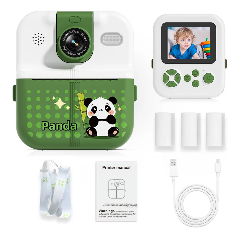 Kids Thermal Print Camera + 3 Rolls Paper, 180° Selfie Toy Camera with APP, Video Recorder Girls Gift
