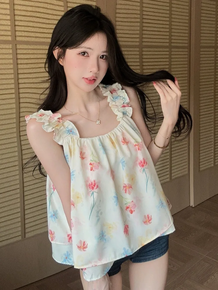 

Summer New Sweet Style Women's Loose Tank Top Strap Print Beach Holiday Fashion Wooden Ear Design Outerwear Short Shirt