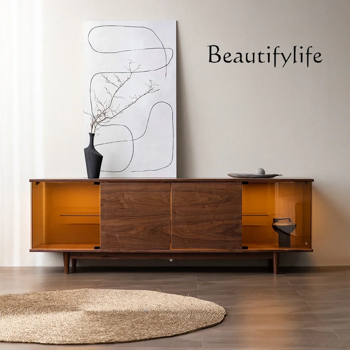 N40 Nordic Japanese-style black walnut TV cabinet pure solid wood  medieval living room display simple glass locker